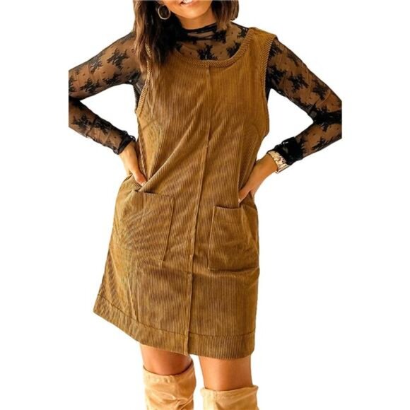 Corduroy Pocket Front Mini Overall Dress - Picture 1 of 3